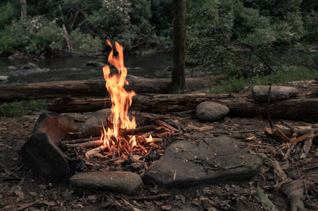 campfire surrounded by greenery and rocks with a river on the background in a forest